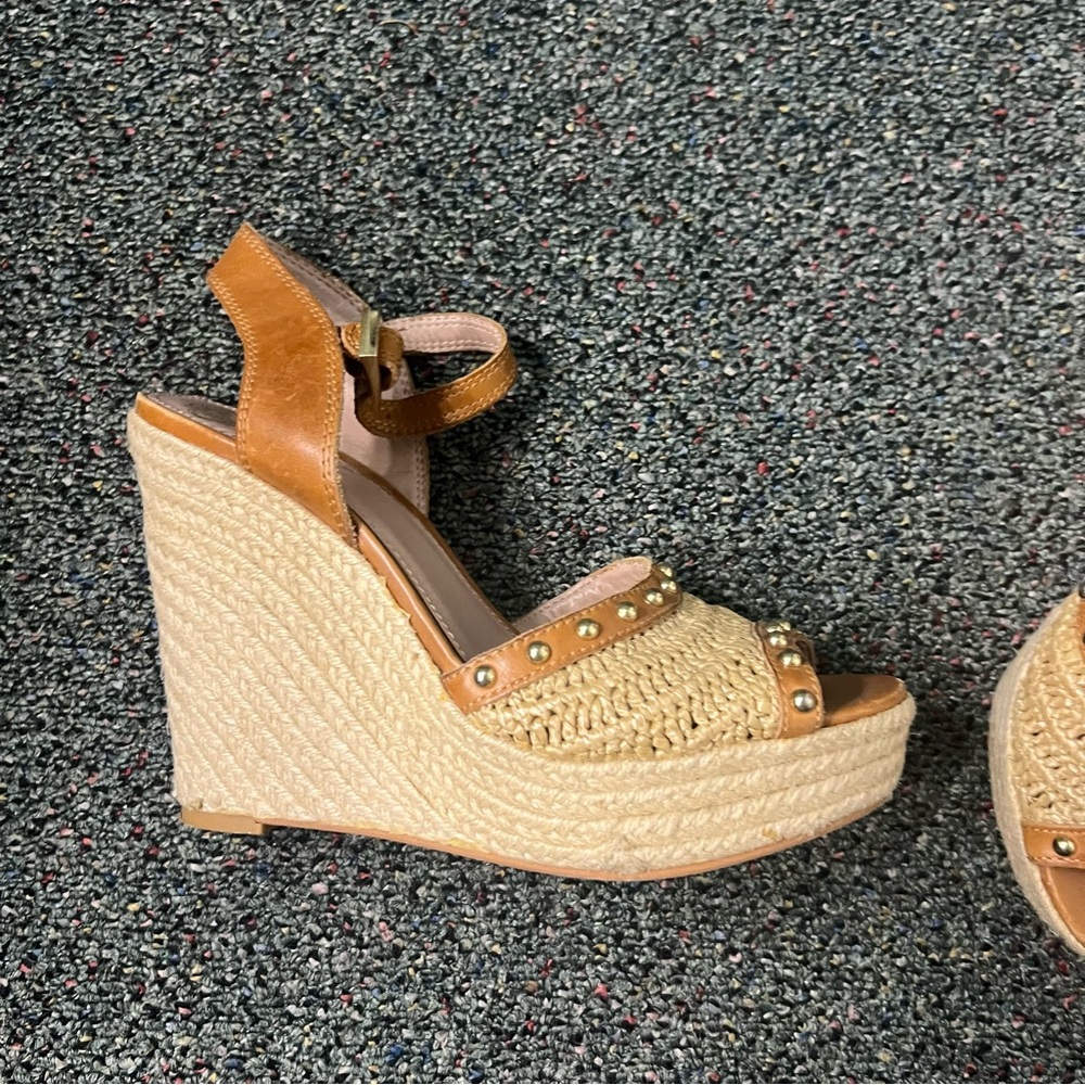 VINCE CAMUTO Neutral Brown & Cream Straw Open-Toe Stud Espadrilles Wedges Shoes - Picture 10 of 16